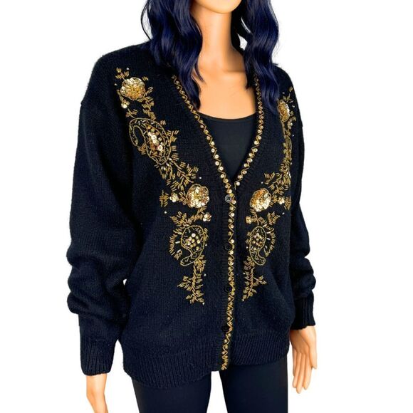 Vintage Alfred Dunner Gold Black Sequin Embroidered Sweater Cardigan Medium - Picture 2 of 6